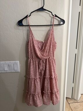 Pink Floral Tiered Mini Dress with Adjustable Tie Waist